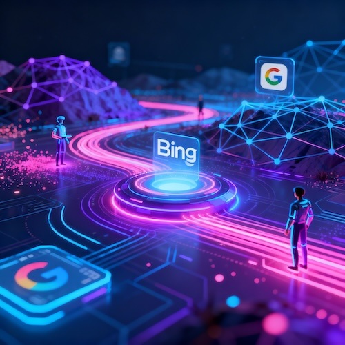 A futuristic concept image showing an AI robot interacting with data visualizations, representing the AI-powered SEO revolution.