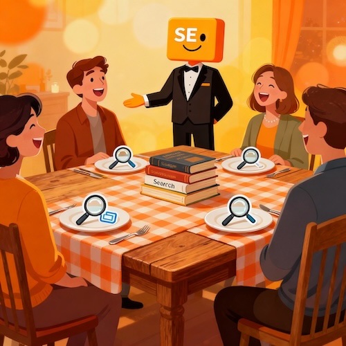 A cheerful group of diverse people at a dinner party, representing a website welcoming its ideal audience through good SEO.