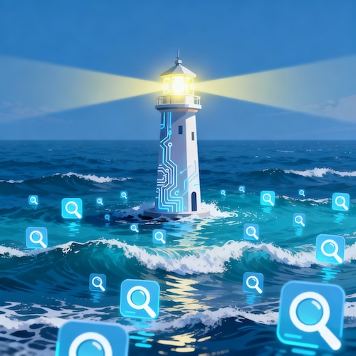 A lighthouse shining a bright beam of light across a dark sea, representing SEO guiding users to a website.