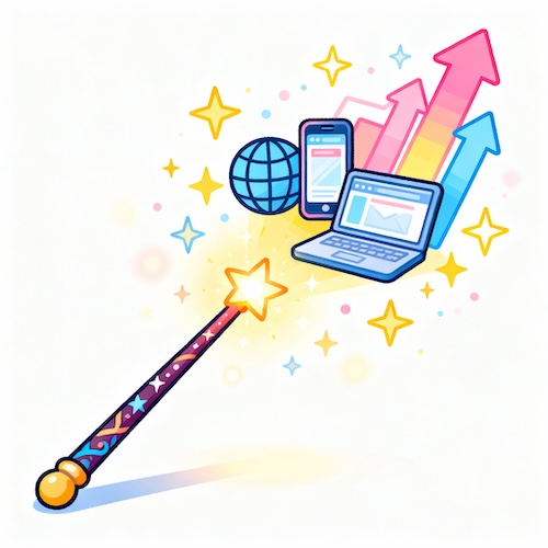 A whimsical illustration of a wizard casting a spell on a search bar, representing SEO magic.