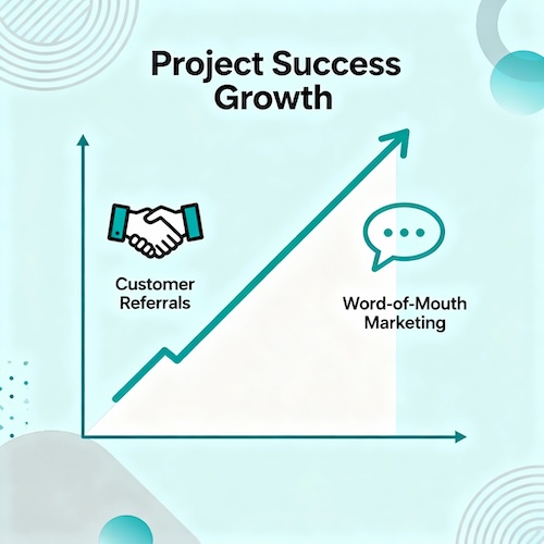 A graph showing successful project growth with a handshake icon, symbolizing a client-first philosophy.