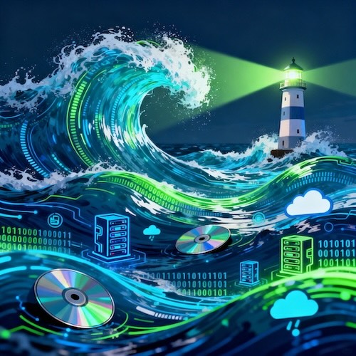 A vast ocean of information with one piece of content shining brightly, representing high-quality content standing out.