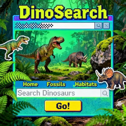 A cartoon dinosaur humorously using a vintage computer, representing the primitive state of early web SEO.