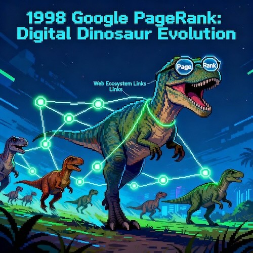An illustration showing the evolution of search from a simple magnifying glass to a complex, intelligent brain.