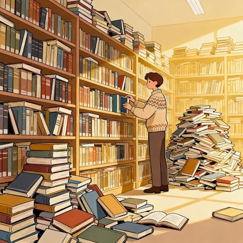 An abstract illustration of a person easily finding a single glowing book in a vast, complex library, symbolizing being found online through SEO.