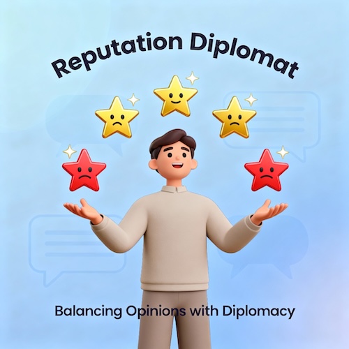 A person carefully balancing positive and negative review icons, representing the delicate act of reputation management.