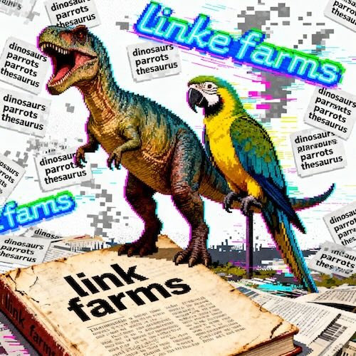 A retro computer screen displaying a garish, keyword-stuffed webpage from the 1990s.