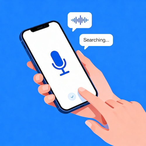 A person using voice search on a smart speaker in their home, with other smart devices in the background.